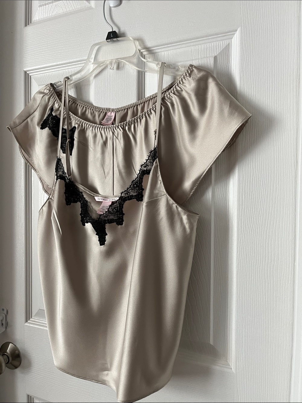 Victoria's Secret Cream Satin Cami with Black Lace Trim